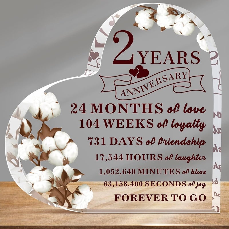 YLOLUL 2 Years Anniversary Decor for Him Her Cotton Flower Drawing Print Acrylic Gift 2nd Anniversary Wedding Paperweight Traditional Second Year Marriage for Wife Husband Lover (Cotton Flower) - Image 1